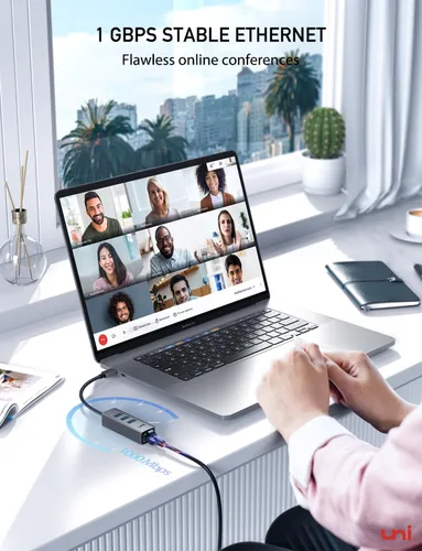 Vista 2 de uni Adaptador USB-C a Ethernet, HUB USB C Ethernet 1Gbps con USB 3.0 4EN1, [Compatible con Thunderbolt 4/3] Adaptador de red USB C para MacBook