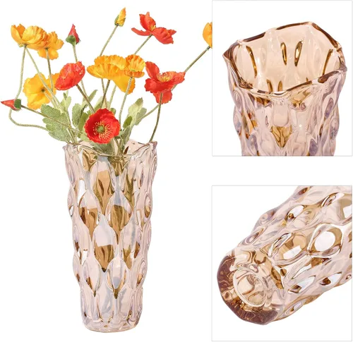 Vista 3 de Jarrón de cristal ámbar, cilíndrico grueso, estilo bohemio moderno, florero decorativo hecho a mano para centro de mesa, mesa de comedor, boda