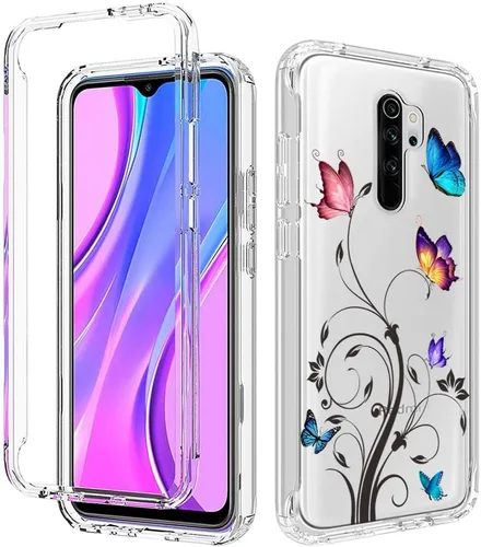 Vista 6 de Funda para Redmi 9/Redmi 9 Prime/Poco M2 M2004J19PI con protector de pantalla de vidrio templado, diseño de mariposa transparente de cuerpo