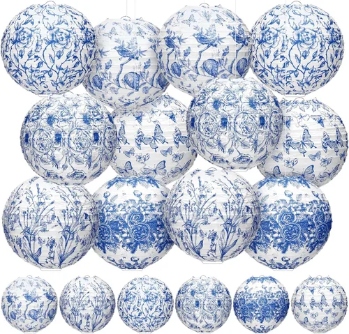 Vista 9 de Rossesay 12 faroles de papel costeros azules de 8 pulgadas, farol colgante de flores azules para interiores y exteriores, decoración náutica
