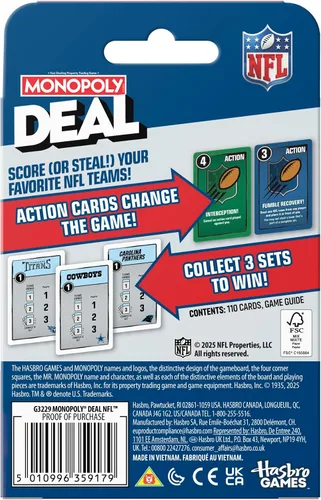 Vista 2 de Monopoly Deal NFL Edition Game Juego de cartas oficial de la NFL para familias y niños A partir de 8 años 2 a 5 jugadores 15 minutos