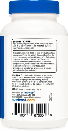 Vista 4 de Nutricost - Cafeína Natural 200 mg, 250 cápsulas vegetarianas - Sin gluten, sin OMG Sin OGM