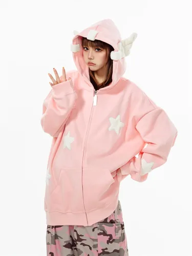 Vista 3 de grhaat Kawaii Angel Wings Star Sudadera con capucha Y2k Anime japonés cremallera Harajuku Casual Sudadera Cutecore Diseñador Streetwear