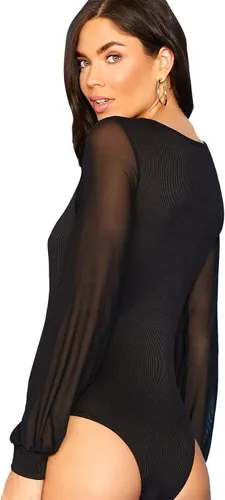 Vista 2 de Romwe Elegante body de punto acanalado de malla con cuello cuadrado para mujer