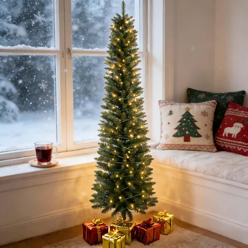 Vista 2 de Árbol de Navidad artificial preiluminado de 6 pies, color verde, para sala de estar, oficina, decoración de vacaciones Lápiz verde-preiluminado