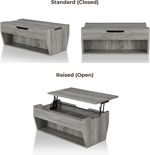 Vista 11 de 24/7 Shop at Home Pavie - Mesa de centro elevable de 42 pulgadas para comedor, diseño de granja con mesa ajustable en altura, almacenamiento Gris