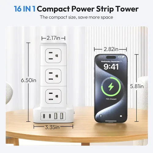 Vista 2 de NTONPOWER Torre de regleta de alimentación con protector de sobretensiones, torre de protección de sobretensiones 1080J, 12 salidas de CA, 4 puertos