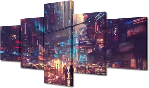 Vista 187 de Cuadros de 5 paneles de Cyberpunk City, arte de pared, representación de vallas publicitarias, edificios modernos en la capital con obras de arte