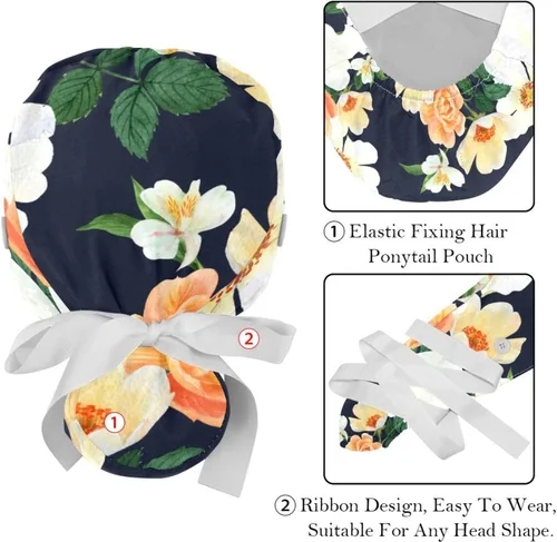 Vista 4 de 2 gorras de trabajo con botón para mujer, cabello largo, ajustable, elástico, con lazo en la espalda, gorras bouffant, flores de invierno