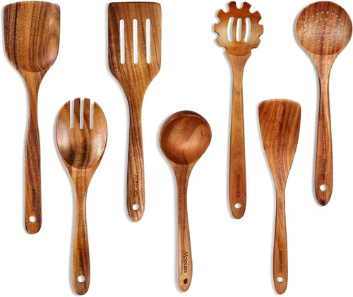 Vista 13 de Cucharón de madera para sopa, cucharón de madera de teca de 3 tamaños con ganchos traseros, cucharas de madera resistentes al calor para cocinar