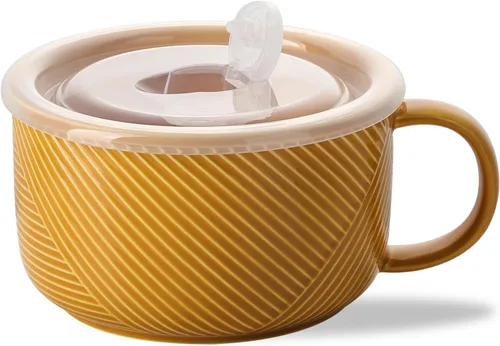 Vista 7 de Tazón de sopa de gran tamaño con asa: taza de sopa de cerámica de 38 onzas con tapa, apto para microondas, contenedor de almacenamiento de alimentos