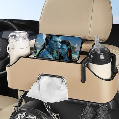 Vista 2 de Caja de almacenamiento multifuncional para vehículos, organizador de asiento trasero de automóvil con 2 portavasos para bebidas, soporte