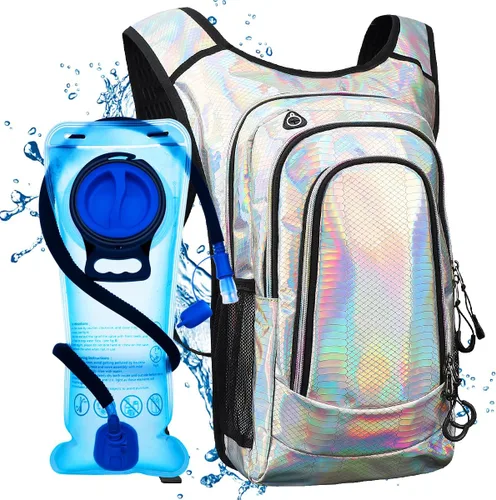 Vista 9 de Mochila de hidratación rave, paquete de hidratación para festivales con vejiga de agua de 2 L, mochila de agua ligera, bolsa de hidratación