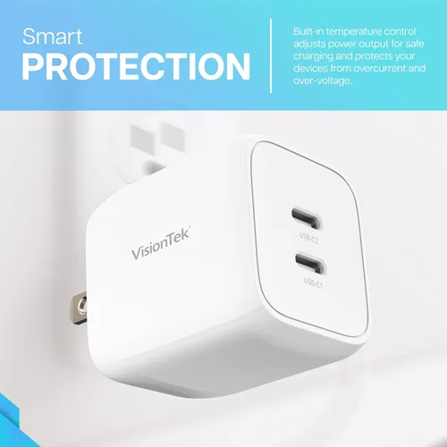 Vista 4 de VisionTek GaN II - Cargador rápido de pared de 45 W, puertos USBC duales, 2 veces USB-C, compatible con MacBook Air, iPad, iPhone, Galaxy, Steam