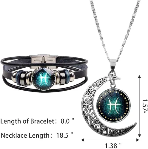 Vista 5 de YANCHUN - Collar y pulsera de cuero modernos con 12 constelaciones del zodiaco astrología galaxia y luna creciente para hombre y mujer juego de 2