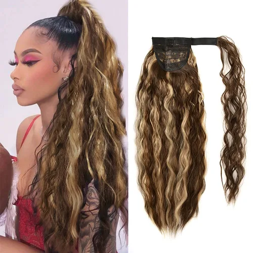 Vista 8 de Extensión de cola de caballo con clip de onda de maíz, 22 pulgadas de largo, ondulado, rizado, envolvente, resistente al calor, sintético, postizo