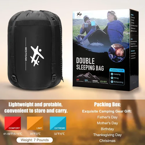 Vista 5 de Saco de dormir doble de franela para adultos y niños, tamaño Queen para 2 personas con 2 almohadas, saco de dormir para clima cálido y frío