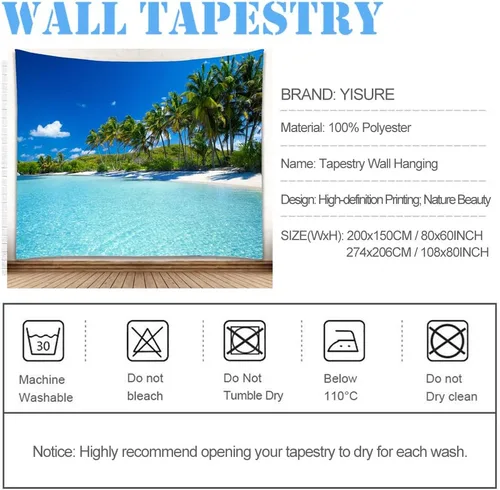 Vista 2 de YISURE Tapiz de playa oceánica para colgar en la pared, 80 x 60 pulgadas, diseño de palmera paraíso tropical, cocotero, decoración de pared hippie
