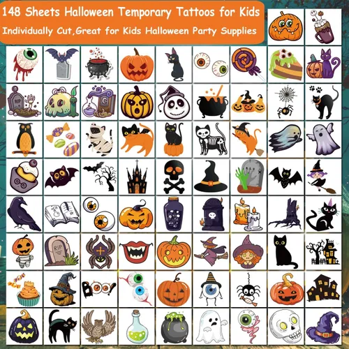Vista 2 de CHARLENT 148 hojas de tatuajes temporales de Halloween para niños, tatuajes individuales de esqueletos de calabaza de Halloween para niños y niñas