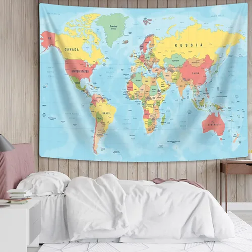 Vista 4 de Tapiz de mapa del mundo, mapas mundiales para pared, Asia Europa, topografía de la ciudad del sur de América, África y Japón, tapices educativos