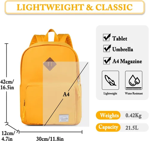 Vista 2 de VASCHY Mochila escolar, mochila ultraligera para hombres y mujeres, mochila para niños, adolescentes, niños y niñas, Amarillo, Mochilas Daypack