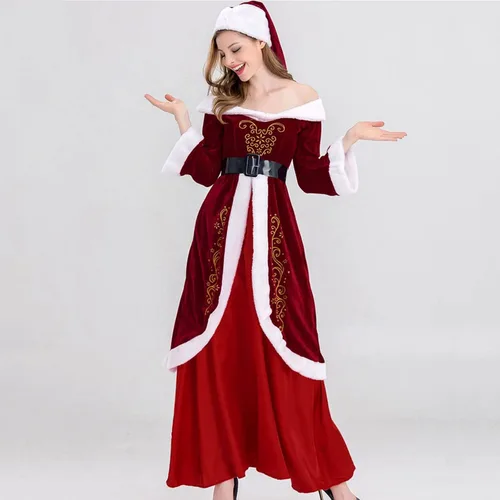 Vista 7 de Disfraz de Sra. Claus para mujer, 3 piezas, disfraces de Papá Noel, vestidos de terciopelo con hombros descubiertos, vestidos de fiesta de máscaras