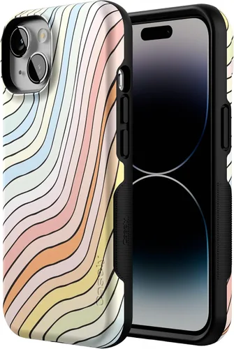 Vista 2 de Casely Funda para iPhone 14 Ride The Wave Líneas de arcoíris pastel Compatible con MagSafe Diseño protector audaz