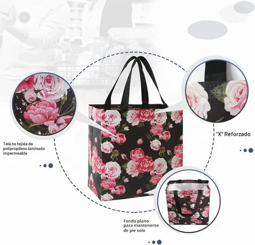 Vista 3 de BeeGreen Bolsas reutilizables con flores para comestibles, paquete de 6 - Grandes bolsas plegables con asas resistentes para comestibles pesados