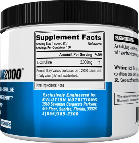 Vista 3 de L-Citrulline2000 Polvo de óxido nítrico para antes del entrenamiento, Evlution Nutrition High Strength L Citrulina Powder para mayor fuerza muscular