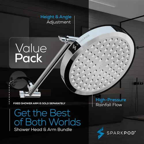Vista 3 de SparkPod Cabezal de Ducha de Lluvia Redondo con Brazo de Extensión - Cabezal de Ducha de Altura Ajustable con Rendimiento de Alta Presión
