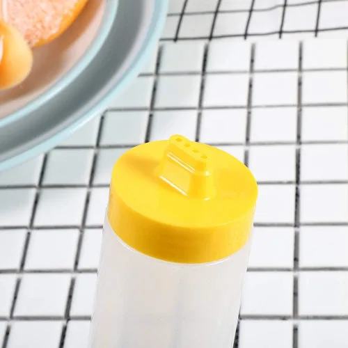 Vista 5 de Agatige Botellas exprimibles de salsa de tomate de 10 onzas, botella de condimento de resina plástica de 4 agujeros con tapa abatible a prueba