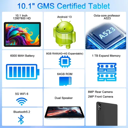 Vista 2 de Tablet Android, 10 pulgadas, Android 13, procesador Octa-Core con 8 GB de RAM, 64 GB de expansión de 1 TB, pantalla táctil IPS HD de 1280 x 800