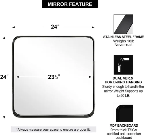 Vista 3 de ANDY STAR Espejo de pared cuadrado para baño, espejo de baño negro mate de 24 x 24 pulgadas, espejo de metal de esquina redondeada en marco de acero