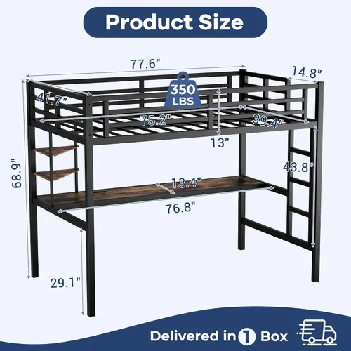 Vista 2 de MAKIAAP Cama alta individual con escritorio, marco de cama alta de metal con puerto de carga USB, luces LED y anclaje antivuelco, litera resistente