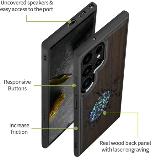 Vista 6 de Carveit Funda de madera de diseñador para Samsung Galaxy S22 Ultra (grabado en madera e incrustaciones de carcasa), funda de madera compatible