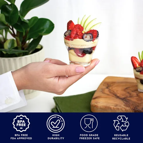 Vista 2 de 48ct Tiny 3 oz Ron Shot Mini Postre Parfait Cup CMJJ Plástico desechable de grado profesional, reciclable, transparente y duradero, para bodas