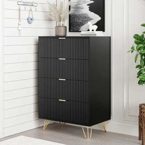 Vista 13 de MAISONARIA Cómoda negra de 3 cajones para dormitorio, cómoda moderna de armario, cómoda acanalada con asas de metal dorado, mesita de noche