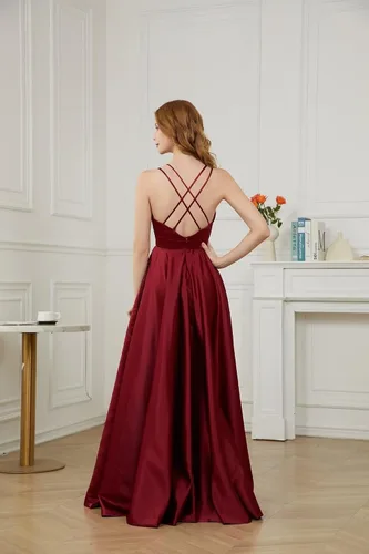 Vista 3 de Molisa Vestidos de fiesta de satén con cuello en V para mujer, con tirantes delgados, vestidos formales de fiesta de noche con bolsillos