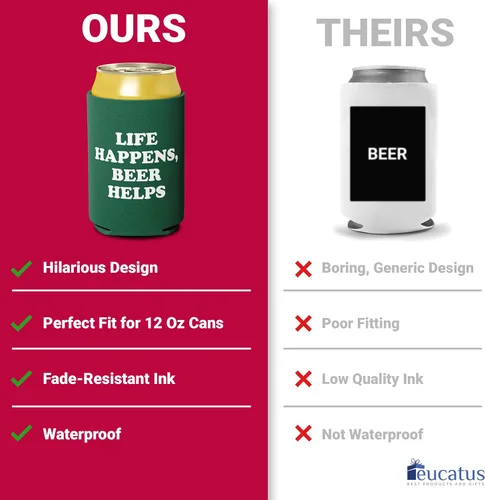 Vista 7 de Divertido soporte plegable de neopreno para bebidas, 1 pieza, fundas para bebidas con cita mordaza, Life Happens, Beer Helps. Enfriador de bebidas