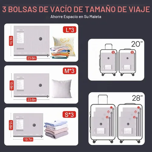 Vista 3 de VMstr Paquete de 9 bolsas de almacenamiento al vacío para viajes, bolsas de ahorro de espacio de tamaño de equipaje de mano para equipaje, ropa