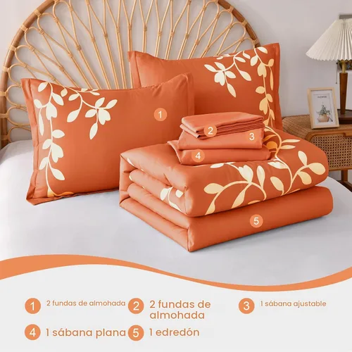 Vista 6 de Juego de edredón tamaño King – Juego de edredón de 7 piezas con estampado botánico floral en naranja con sábanas, juego de ropa de cama