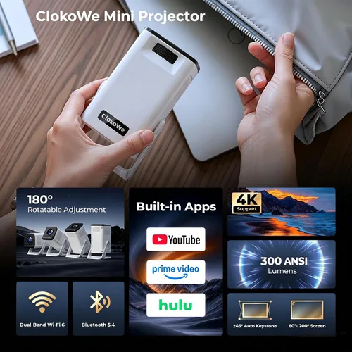 Vista 2 de Mini proyector con WiFi y Bluetooth, proyector portátil 4K 1080P soporte