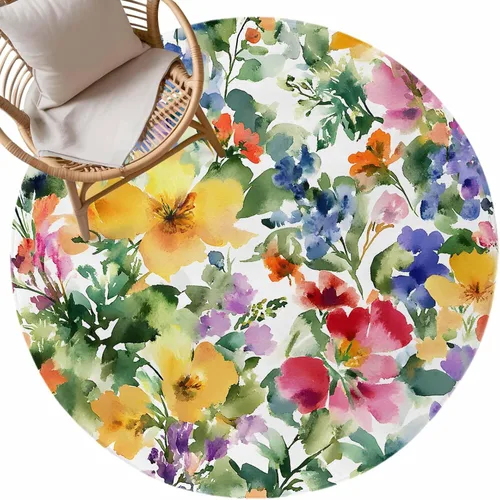 Vista 9 de Round Rugs 3 Feet, Green Yellow Floral Non Slip Area Rugs for Living Room, Bedroom, Barhroom, Entryway, Purple Blue Watercolor Retro Leaf Soft