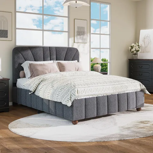 Vista 6 de Estructura de cama Boucle de tamaño matrimonial con cabecero ajustable tapizado gris