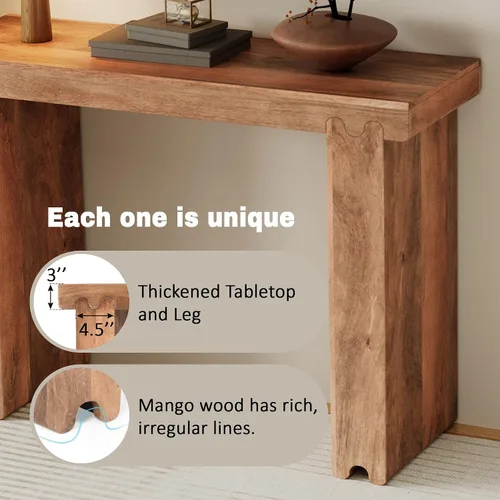 Vista 7 de Mesa consola de madera de 45 pulgadas para mesa de entrada, consola minimalista estrecha retro de granja con madera de mango maciza, mesas de sofá