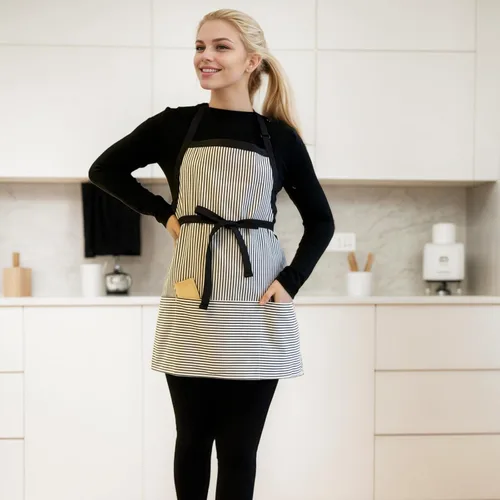Vista 3 de Delantal de cocina con 3 bolsillos, delantal ajustable para servidor, delantal de camarera con bolsillos a rayas Negro (Striped Black)
