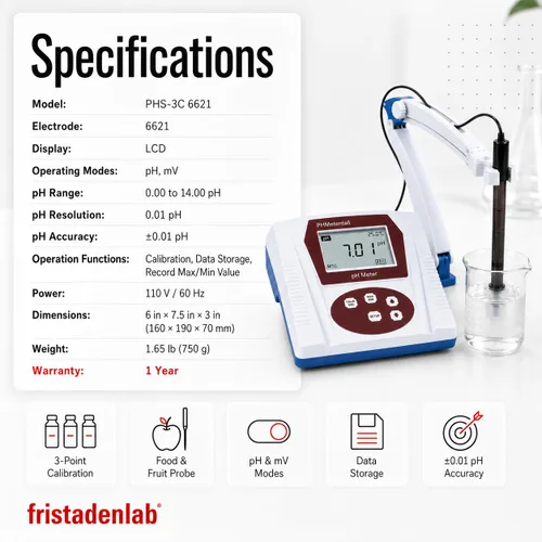 Vista 6 de Medidor de pH Fristaden Lab para alimentos y frutas, sonda 6621, tampones incluidos