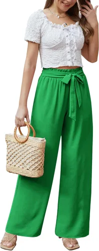 Vista 4 de Feiersi Pantalones casuales de pierna ancha para mujer, de cintura alta, para negocios, trabajo, casual, holgados, holgados, para playa, palazzo