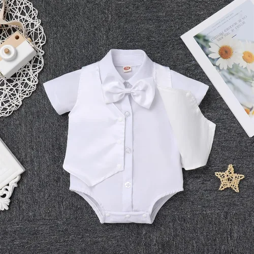 Vista 3 de IMEKIS Traje de bautizo para bebés y niños, traje de bautizo, con corbatín, chaleco, pantalones cortos, fiesta de boda, formal, portador de anillo