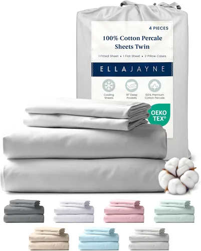 Vista 15 de Ella Jayne Sábanas de percal tamaño individual (3 piezas) Permium 100% algodón percal TC300, colección de lujo de hotel, bolsillos profundos y juego